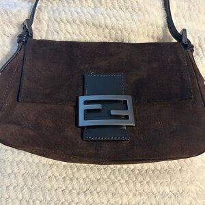 FENDI chocolate brown suede/silver/strap adjustable/removable wear as clutch